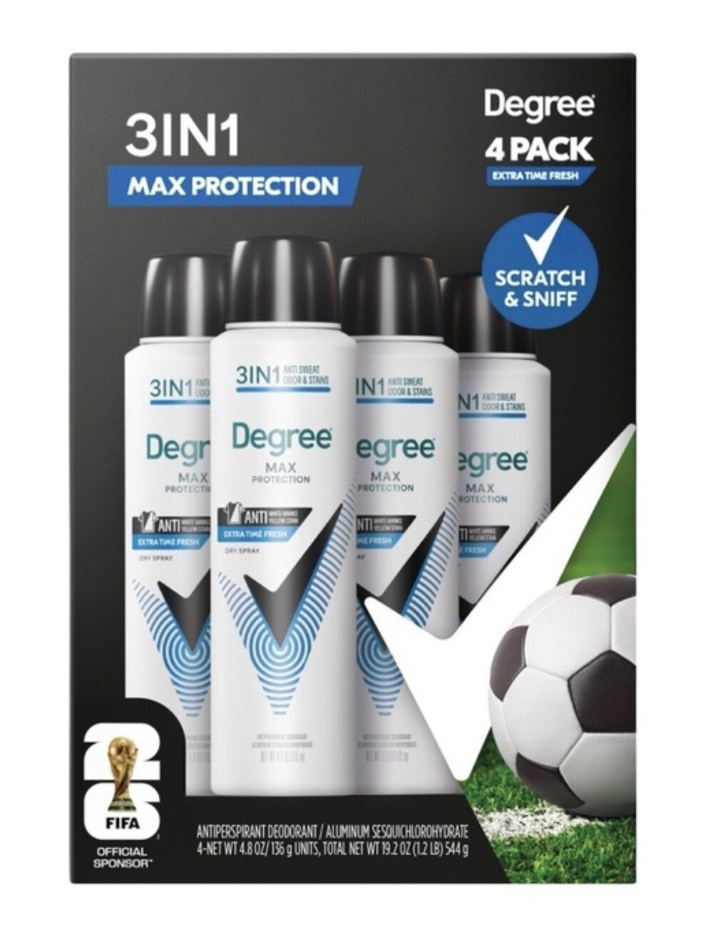 DEGREE MAX PROTECT MEN'S 3-IN-1 FRESH DRY Spray Deod 4 Pak 4.8 Oz. NWT FIFA EDIT